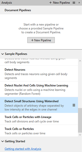 Analysis panel with '+ New Pipeline' button and Sample Pipelines list highlighting 'Detect Small Structures Using Watershed'