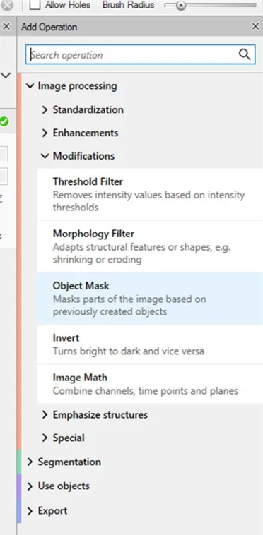 Add Operation menu showing Image processing > Modifications with Object Mask highlighted