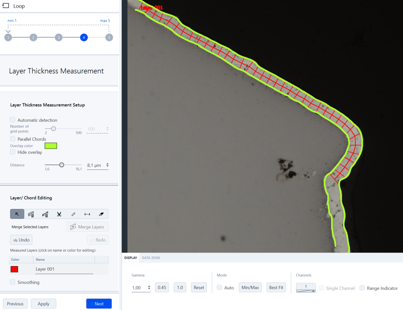 Layer Thickness Measurement interface showing image with green traced layer and red grid overlay labeled Layer 001