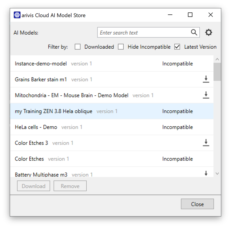 arivis Cloud AI Model Store listing with search box and model 'my Training ZEN 3.8 Hela oblique' marked Incompatible
