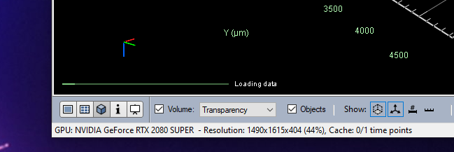 Bottom viewer bar shows GPU NVIDIA GeForce RTX 2080 SUPER; Resolution 1490x1615x404 (44%); Cache 0/1; loading bar