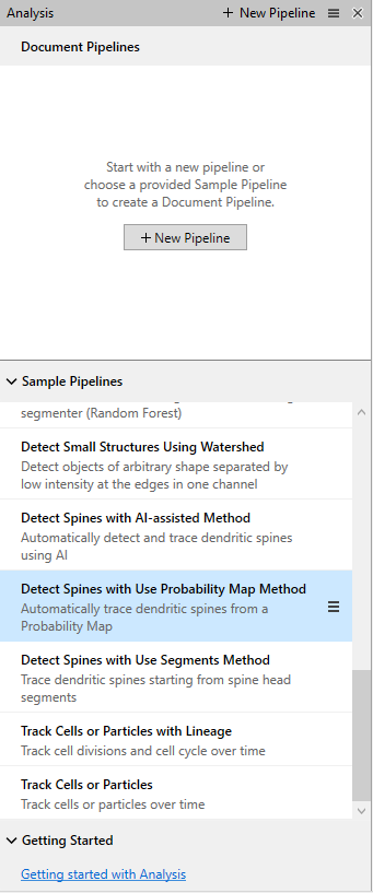 Analysis panel with + New Pipeline button and Sample Pipelines list, Detect Spines with Use Probability Map Method highlighted