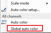 Right-click pop-up menu listing Scale mode, Auto color setup..., Auto color and Global auto color outlined in red