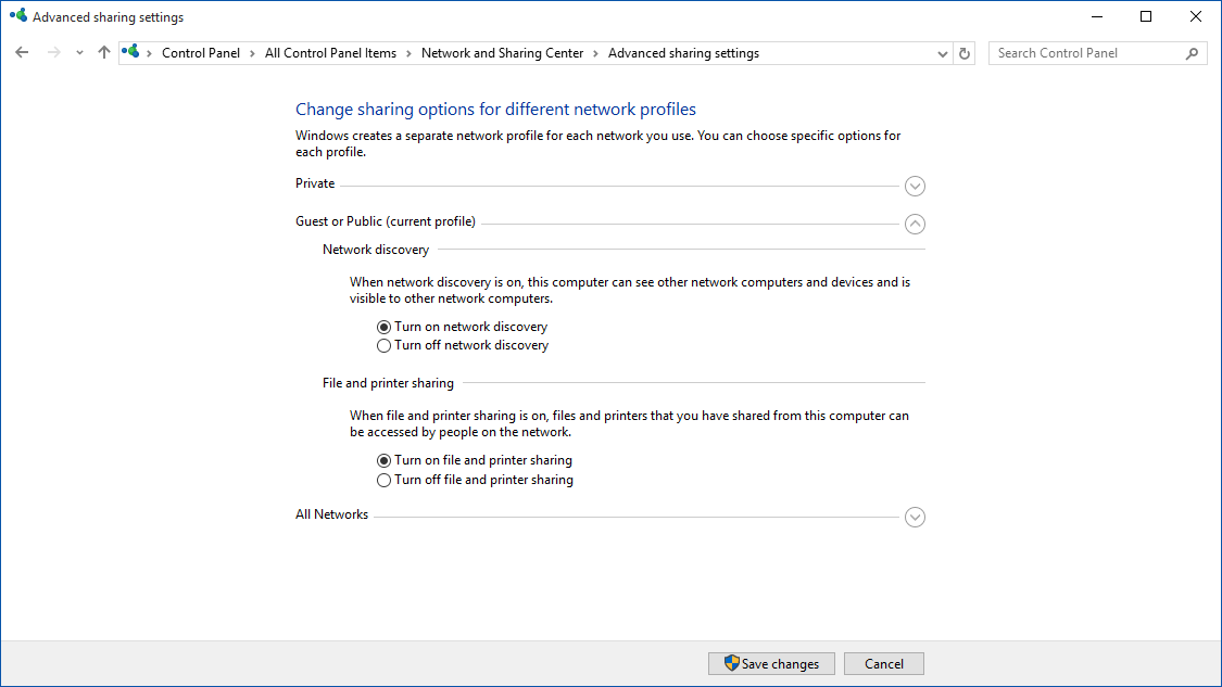 Advanced sharing settings window showing Network discovery and File and printer sharing options for Guest or Public profile