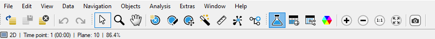 Application toolbar row with menu labels 'File Edit View Data Navigation Objects Analysis Extras Window Help' and icon buttons