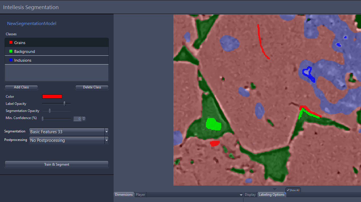 Segmentation preview with red 'Grains', green 'Background' and blue 'Inclusions' overlays in Intellesis Segmentation