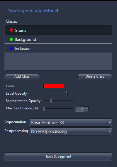 NewSegmentationModel panel listing classes 'Grains', 'Background', 'Inclusions' and a 'Train & Segment' button