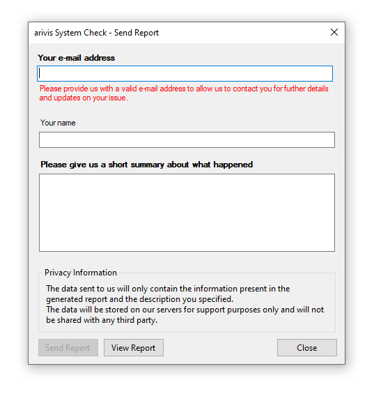 arivis System Check - Send Report dialog with 'Your e-mail address' field and red validation message