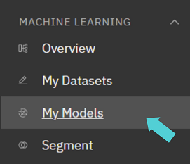 Sidebar labeled MACHINE LEARNING with menu items Overview, My Datasets, My Models highlighted and teal arrow