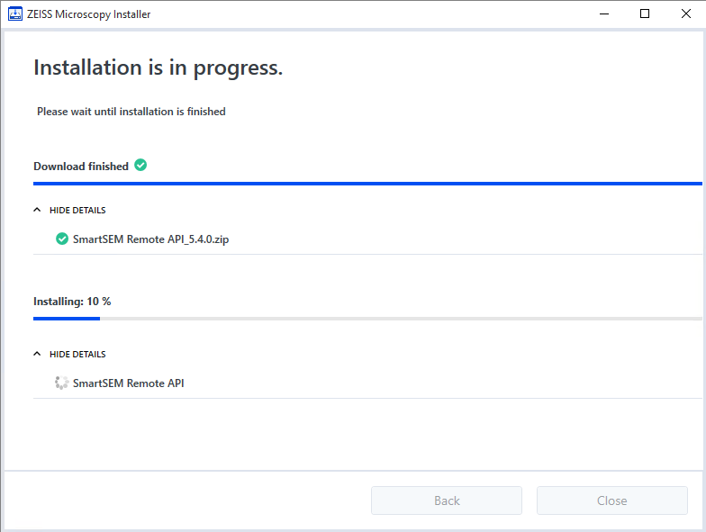 ZEISS Microscopy Installer window showing Installation is in progress, Download finished and Installing: 10% progress bar