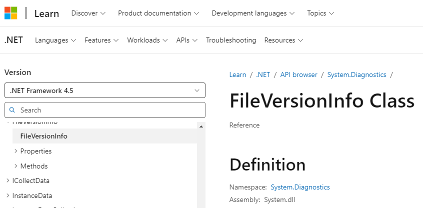 Microsoft Learn page showing FileVersionInfo Class, Version .NET Framework 4.5, Assembly System.dll