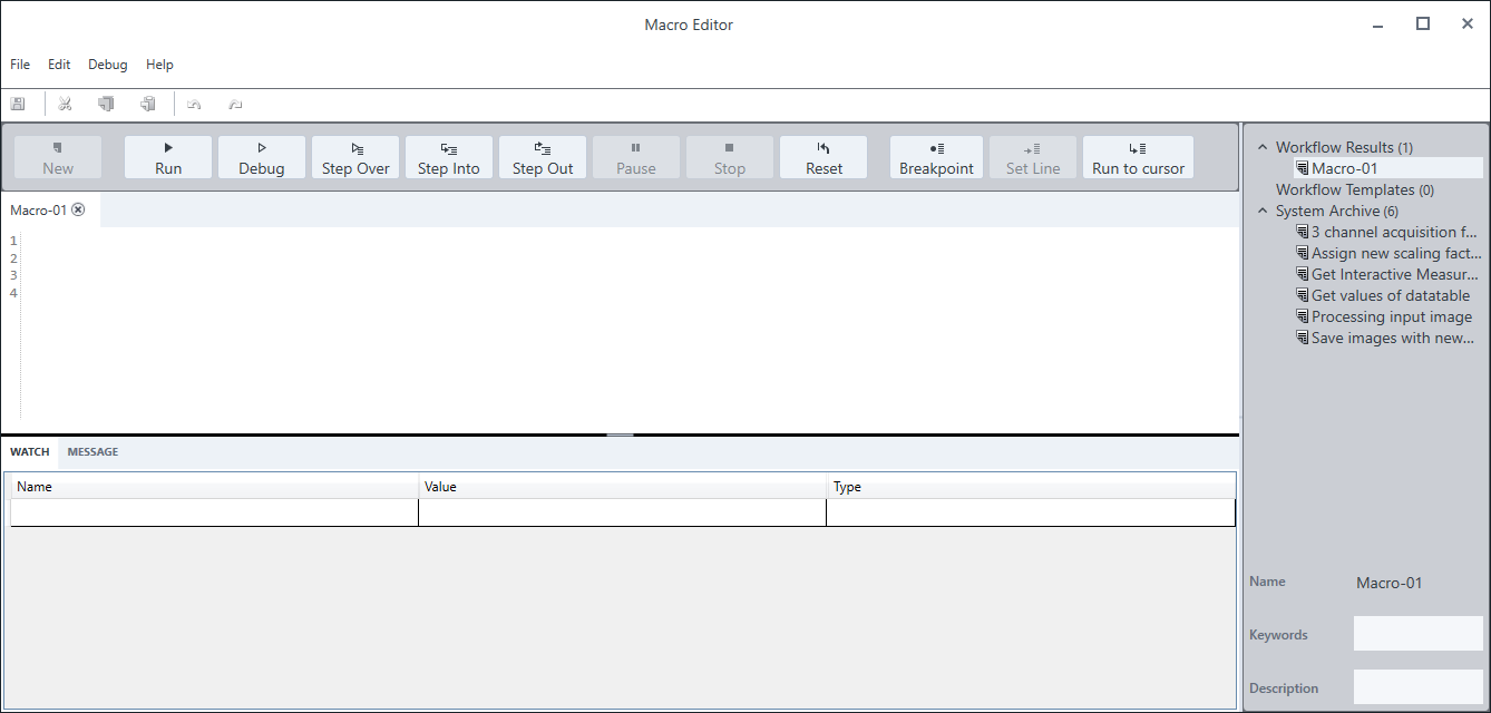 Macro Editor with toolbar (New Run Debug), Macro-01 tab, WATCH table, and right pane listing Workflow Results.