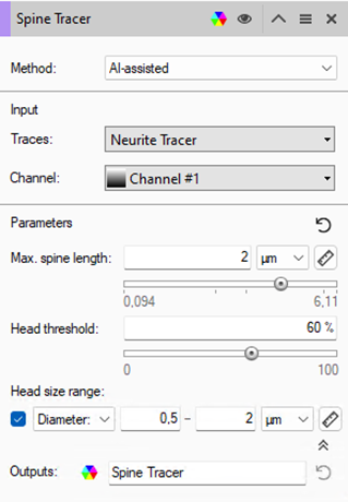 Spine Tracer: AI-assisted; Traces Neurite Tracer; Channel #1; Max spine 2 µm; Head threshold 60%; Head size 0,5–2 µm