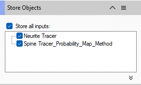 Window 'Store Objects' with 'Store all inputs' checkbox and checked list: Neurite Tracer; Spine Tracer_Probability_Map_Method