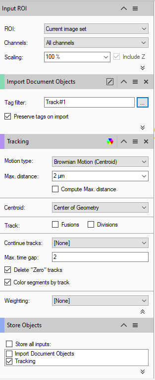 Input ROI with Tag filter Track#1; Tracking: Brownian Motion (Centroid), Max distance 2 µm; Centroid Center of Geometry