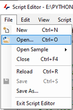 Script Editor File menu open with 'Open... Ctrl+O' option highlighted