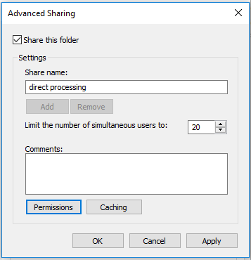 Advanced Sharing dialog with 'Share this folder' checked and Share name set to 'direct processing' and Permissions button