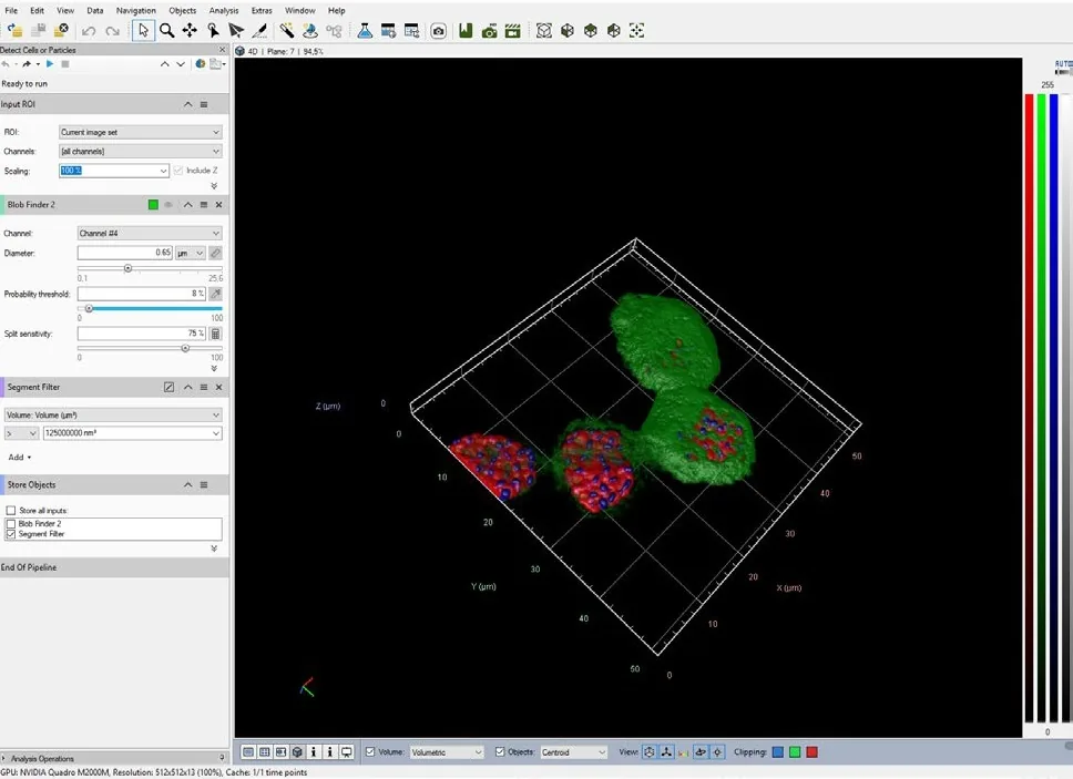 Tilted grid with colored blob objects; left panel shows 'Blob Finder 2' and 'Segment Filter'