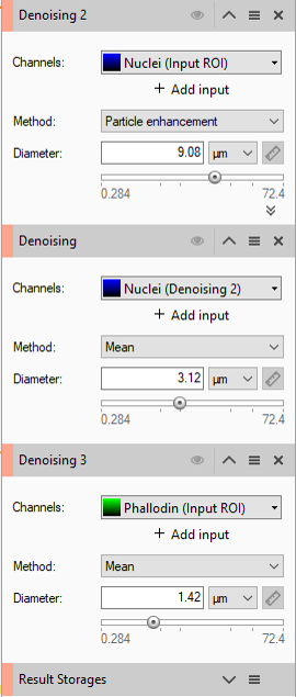 Screenshot of three Denoising panels: Nuclei (Input ROI) 9.08µm; Nuclei (Denoising 2) 3.12µm; Phalloidin (Input ROI) 1.42µm
