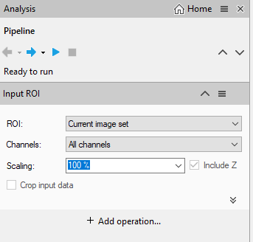 Pipeline pane titled 'Analysis' showing 'Ready to run' and Input ROI fields: ROI Current image set, Channels All channels, Scaling 100%