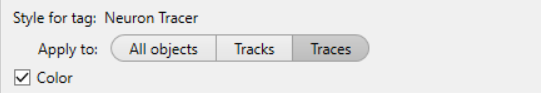 Style for tag: Neuron Tracer panel with Apply to: All objects Tracks Traces (Traces selected) and Color checked