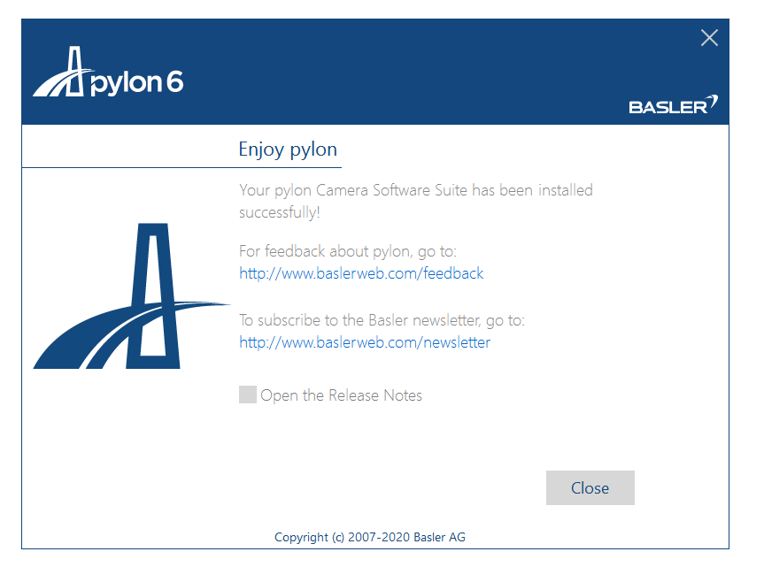 pylon6 'Enjoy pylon' window stating installation successful with links, unchecked Open the Release Notes box and Close button