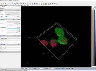 Software window showing 3D grid with three green volumes with red and blue spots and a left-side control panel