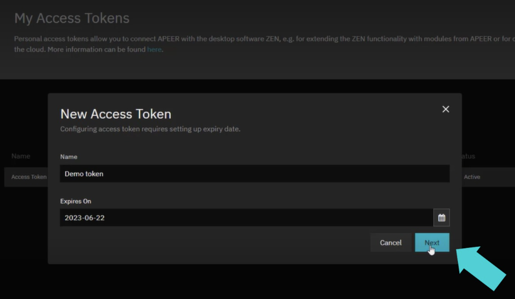 New Access Token dialog with Name 'Demo token', Expires On 2023-06-22 and Next button highlighted