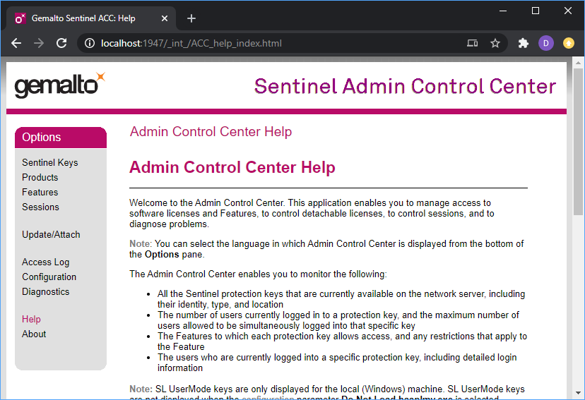 Web browser showing Gemalto Sentinel Admin Control Center page titled Admin Control Center Help with left Options menu