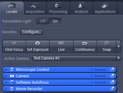 Locate tab showing AF controls and Active Camera Test Camera #2 with panels Microscope Control, Camera, Software Autofocus