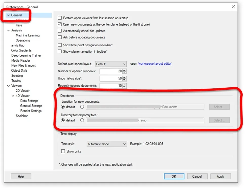Preferences - General dialog showing Directories with Location for new documents and Directory for temporary files