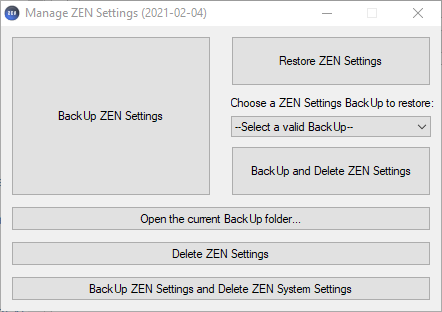 Manage ZEN Settings window (2021-02-04) with BackUp ZEN Settings, Restore ZEN Settings, dropdown and Delete ZEN Settings