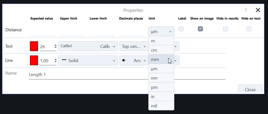 Properties dialog with Unit dropdown open showing mm selected among µm m cm nm pm in mil