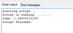 Script output panel showing starting script..., Script is running..., time: 1.34400010109, script finished.