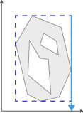 Grey irregular polygon with a hole inside, inside a dashed blue bounding box, and a blue vertical arrow at right pointing down