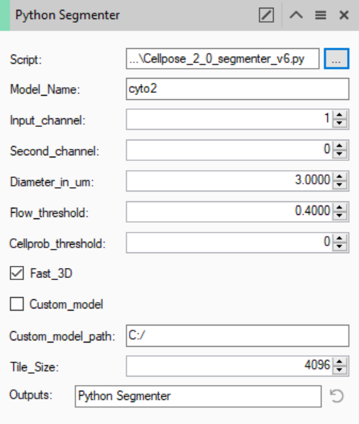 Python Segmenter dialog showing Model_Name cyto2, Input_channel 1, Diameter_in_um 3.0000, Fast_3D checked