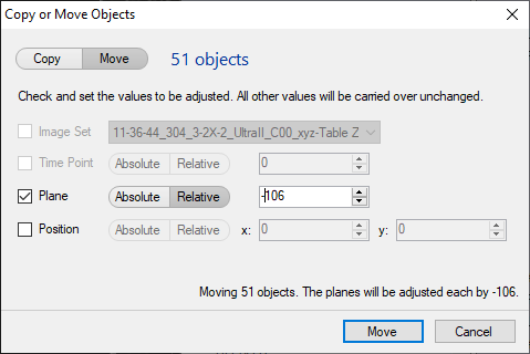 Copy or Move Objects dialog showing '51 objects' and Plane set Relative -106 with Move button