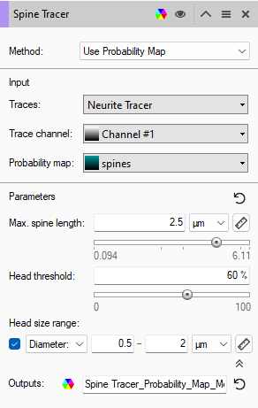 Spine Tracer: Probability Map; Neurite Tracer; Channel #1; prob map=spines; Max 2.5 µm; Head 60%; Diameter 0.5-2 µm