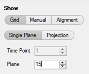 Show panel with 'Grid', 'Manual', 'Alignment' buttons, 'Single Plane' and 'Projection', Time Point 1 and Plane 15