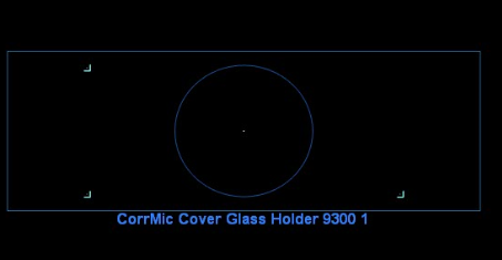 Blue rectangular frame with central circle, corner L-markers and label CorrMic Cover Glass Holder 9300 1