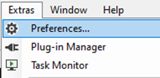Menu showing Extras with Preferences... selected and items Plug-in Manager and Task Monitor