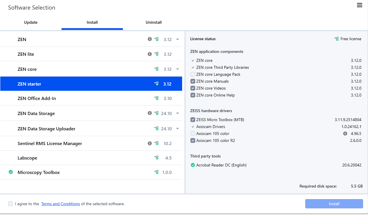 Software Selection dialog showing ZEN starter highlighted, install components listed and required disk space 5.5 GB