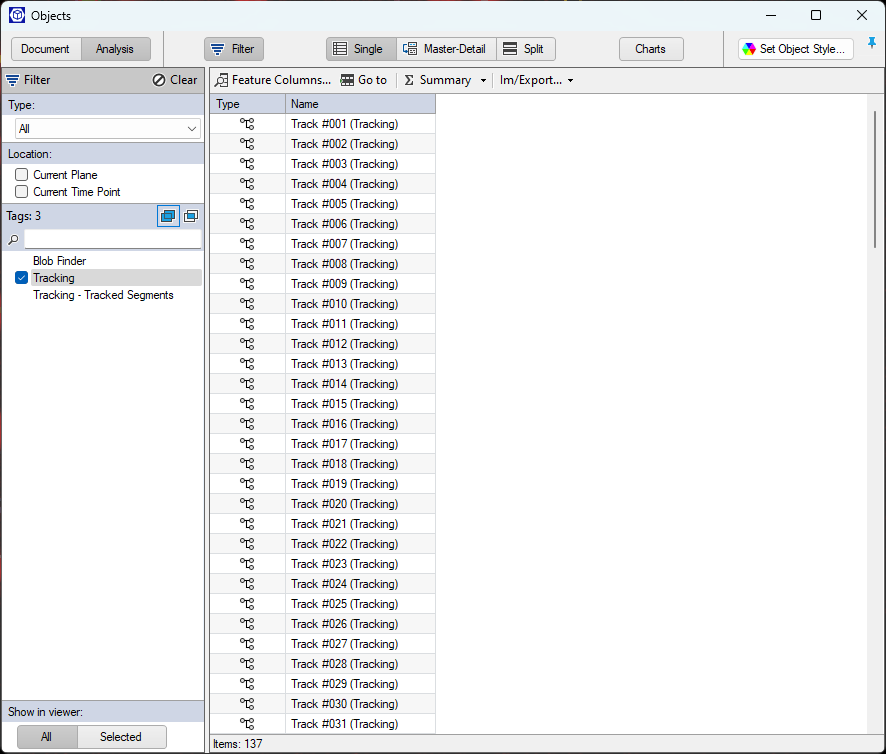 Objects dialog left Filter pane shows Tracking tag and center table listing Track #001–#031 (Tracking)