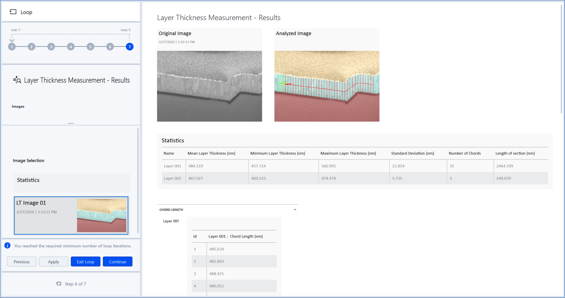 Window titled Layer Thickness Measurement - Results showing original and analyzed images with red chords and statistics table