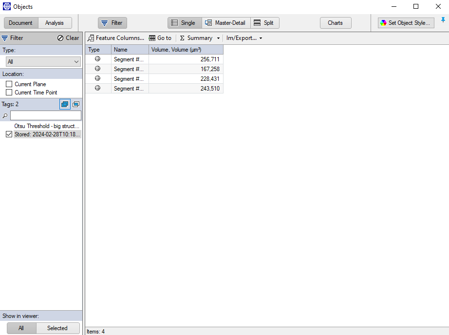 Software window titled Objects showing an object table with four Segment entries and volumes 256,711; 167,258; 228,431; 243,510
