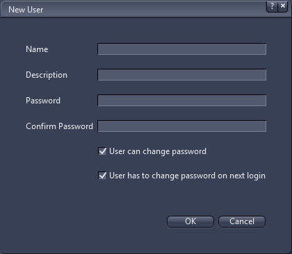 New User dialog showing fields Name, Description, Password, Confirm Password and two password-related checkboxes