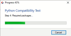 Progress 43% dialog: 'Python Compatibility Test' Step 4: Required packages, green progress bar and Cancel button