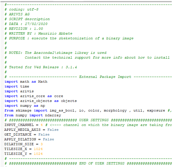 Screenshot of Python script showing header, imports (arivis, numpy, skimage) and USER SETTINGS INPUT_CHANNEL=4