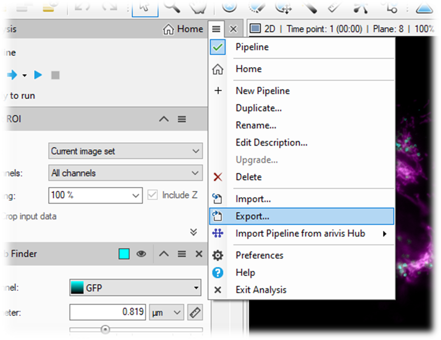 Software interface with open Pipeline menu showing Export... highlighted and left panel labeled Current image set and GFP