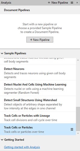 Analysis dialog showing 'Document Pipelines', + New Pipeline, and Sample Pipelines with 'Track Cells or Particles' selected